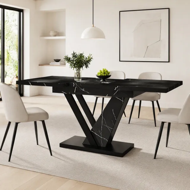 Maisentiel Uitschuifbare eettafel 120-160 x 75 x 75,5 cm - zwart marmerlook - MDF en metaal