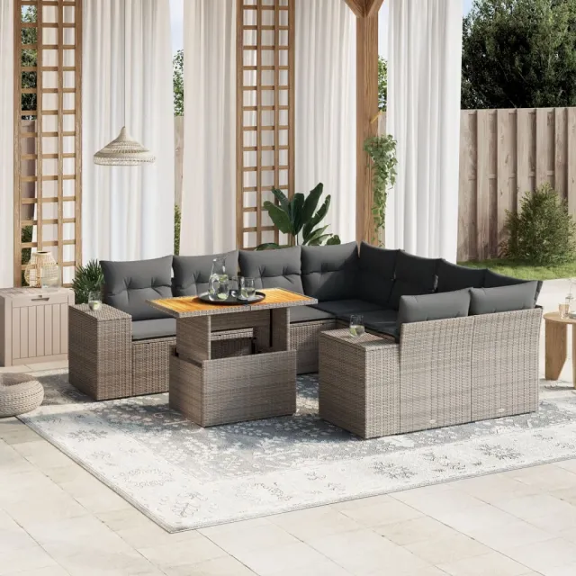 vidaXL 9-delige Loungeset met kussens poly rattan grijs, foto 2