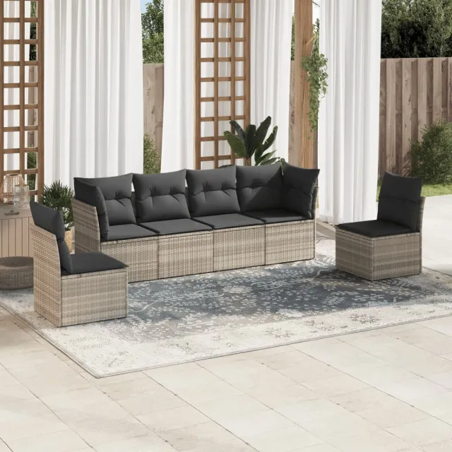 vidaXL 6-delige Loungeset met kussens poly rattan lichtgrijs grijs, foto 2