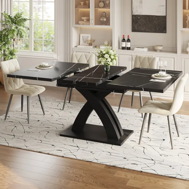 COVREO Eettafel 120-160 x 80 x 76 cm zwart, uitschuifbaar, MDF blad en metalen X-onderstel