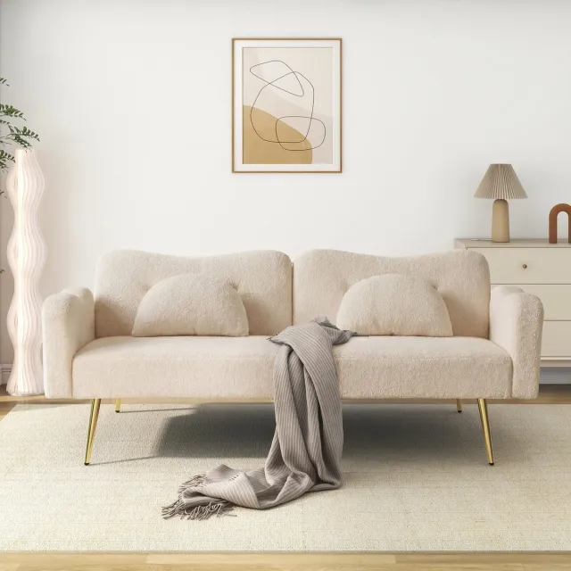 DESMIU Slaapbank 2-Zits 175 X 79 X 82 Cm - Verstelbare Rugleuning Met Slaapfunctie - Voor Woonkamer En Logeerkamer - Teddy - Beige
