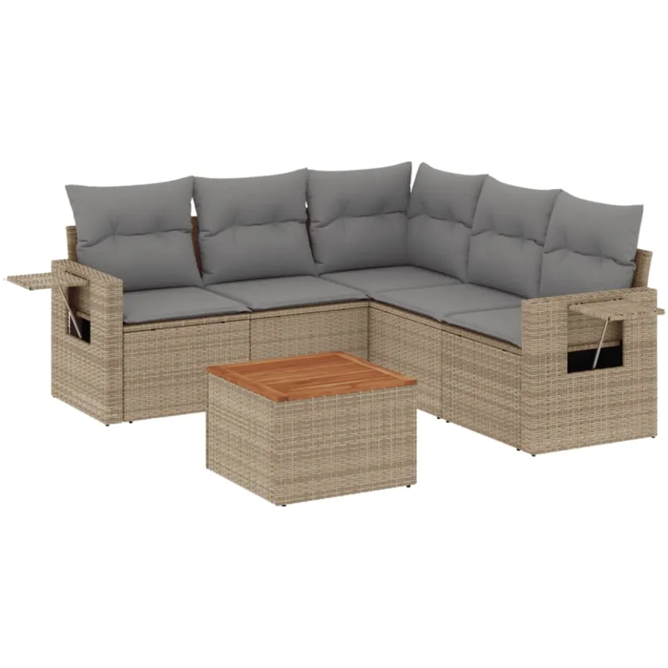 vidaXL 6-delige Loungeset met kussens poly rattan gemengd beige