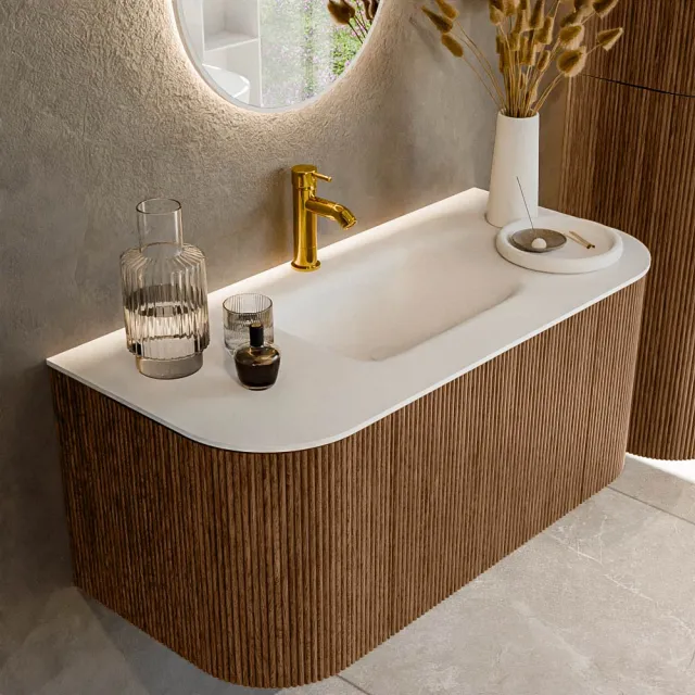 Mondiaz KURVE 100 cm Onderkast Greeploos 1 Lade Met Deuren Walnut, Wastafel Solid Surface MIdden Talc 1 Kraangat Zonder Spiegel (KRVGRU100L+R1L2D1KM-Wal/Tal)