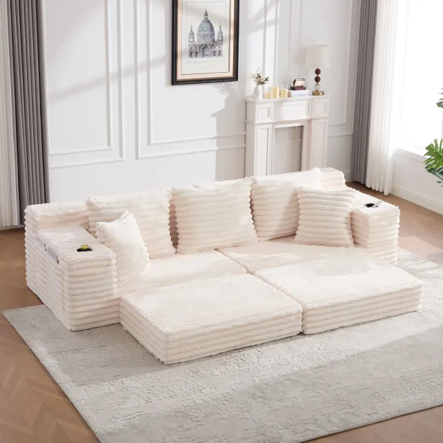 MODFU Slaapbank - Compressie-Uitvoering Met Hoge Rugleuning En Zijvakken - Modern - Cordstof - Beige - 273 x 98 x 87 cm