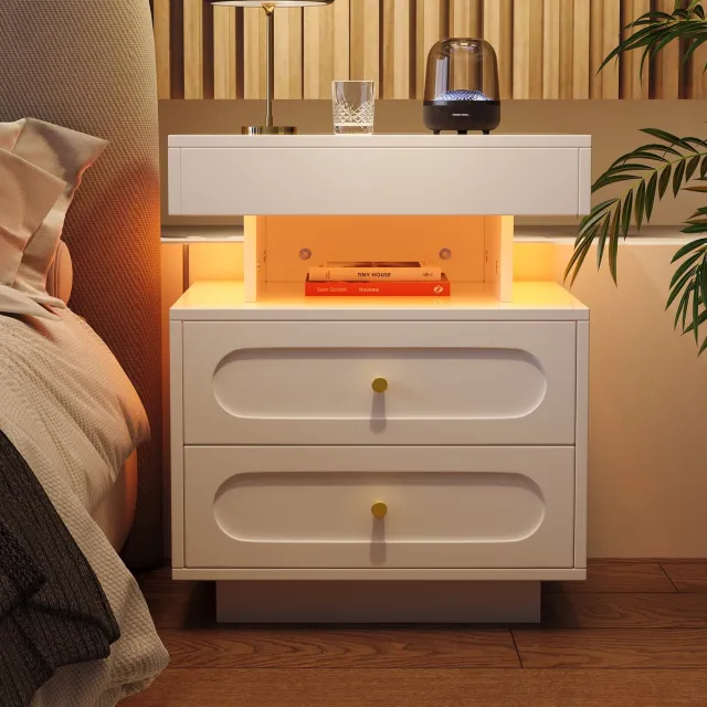 Zubaliya Witte Nachttisch met LED Verlichting - 2 Lades & Open Opbergruimte - 50x40x60cm