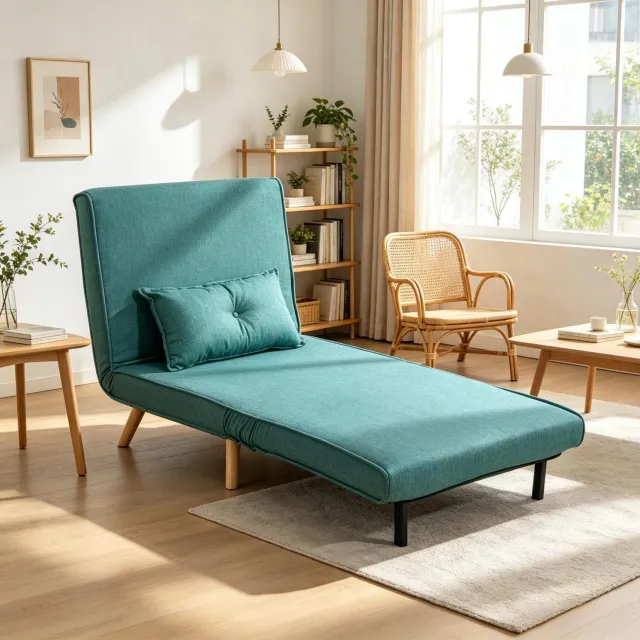 HAUSS SPOLE Slaapfauteuil 80x190 cm - Eenpersoons Slaapbank met Rugleuning in 5 Standen - Met Kussen - Zonder matras - Stof - Groen Blauwgroen