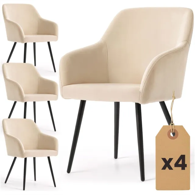 Akord Set van 4 Eetkamerstoelen ESTELLE met Armleuningen / Gestoffeerde Stoelen / Fluwelen Stoelen en Metalen Poten / Beige met zwarte benen