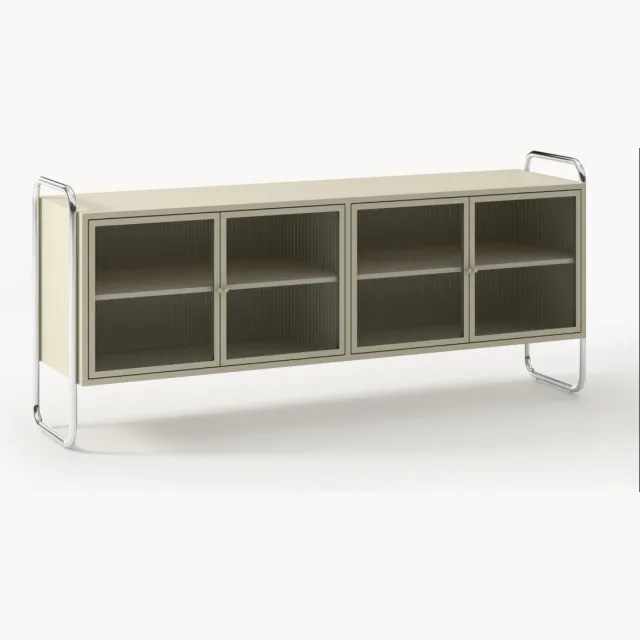 Westwing Collection Metalen dressoir Robyn met glazen front Beige, Zilverkleurig