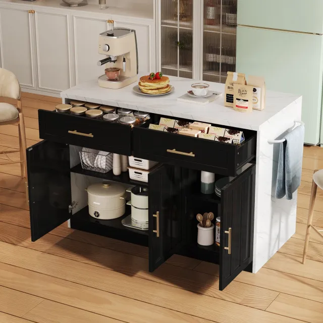 MIVRAY Keukeneiland - Met Barblad En Stopcontacten - 2 Lades 3 Deuren Voor Keuken - MDF Marmerlook - 120x60x91 Cm Zwart