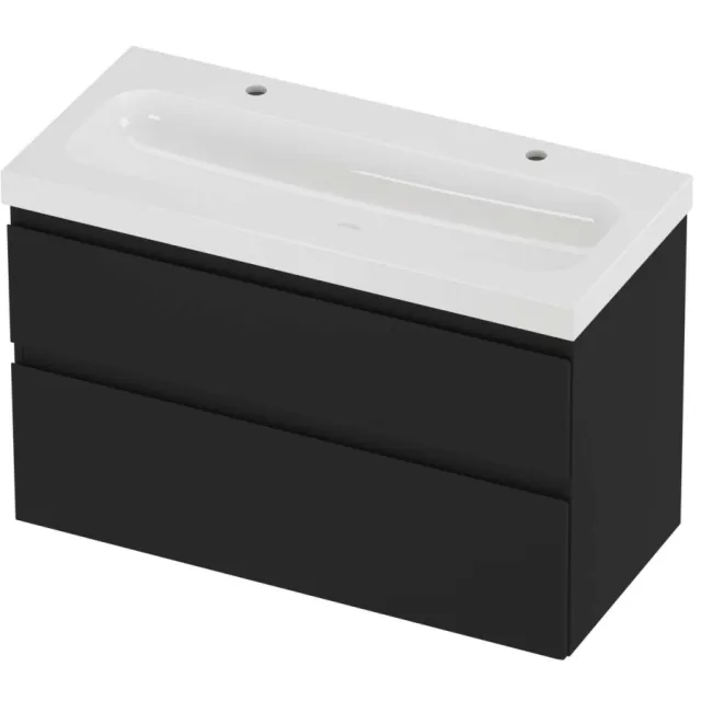 Proline Haga Badmeubelset Polystone Mezza 2 Kraangaten 100x46x66 cm Glans Wit Mat Zwart
