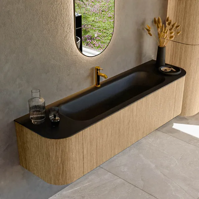 Mondiaz KURVE 170 cm Onderkast Greeploos 1 Lade Met Deuren Oak, Wastafel Solid Surface Midden Urban 1 Kraangat Zonder Spiegel (KRVBGL170L+R1L2D1KM-Oak/Urb)
