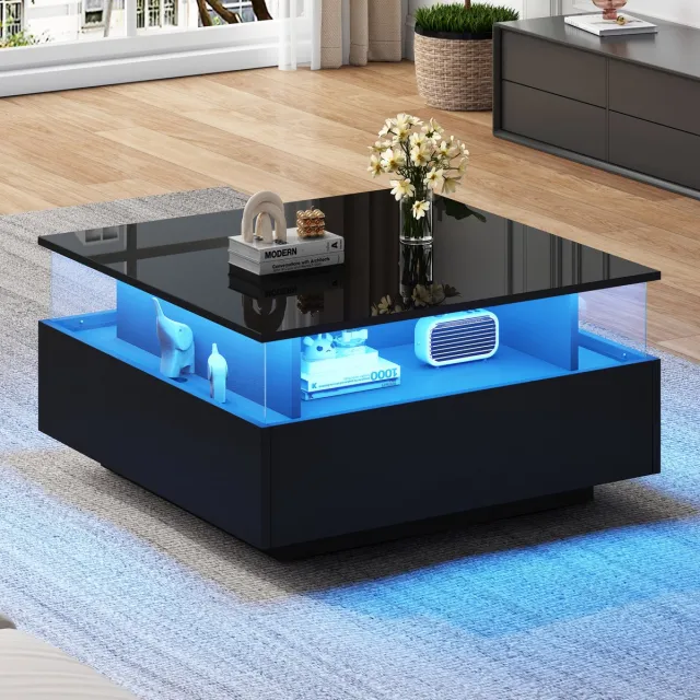 HAUSS SPOLE Salontafel - Hoogglans Tafel Met Ledverlichting En 2 Lades - Voor Woonkamer Met Transparant Presentatievak - Spaanplaat - 70x70x41 Cm - Zwart