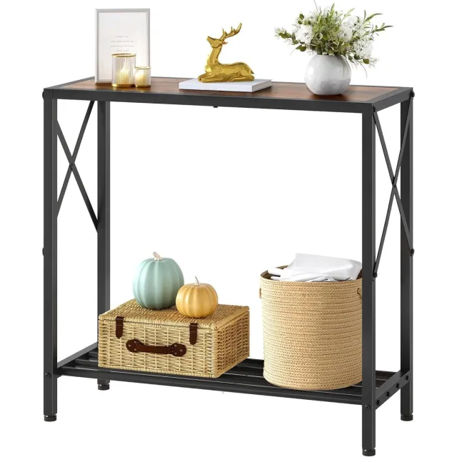 Tajsoon Smalle Consoletafel met 2 verdiepingen – Industrieel Design – Haltafel / Entreetafel – Staal & Houtlook – Compact & Stevig – Voor Hal, Woonkamer of Gang – Rustiek Bruin/Zwart