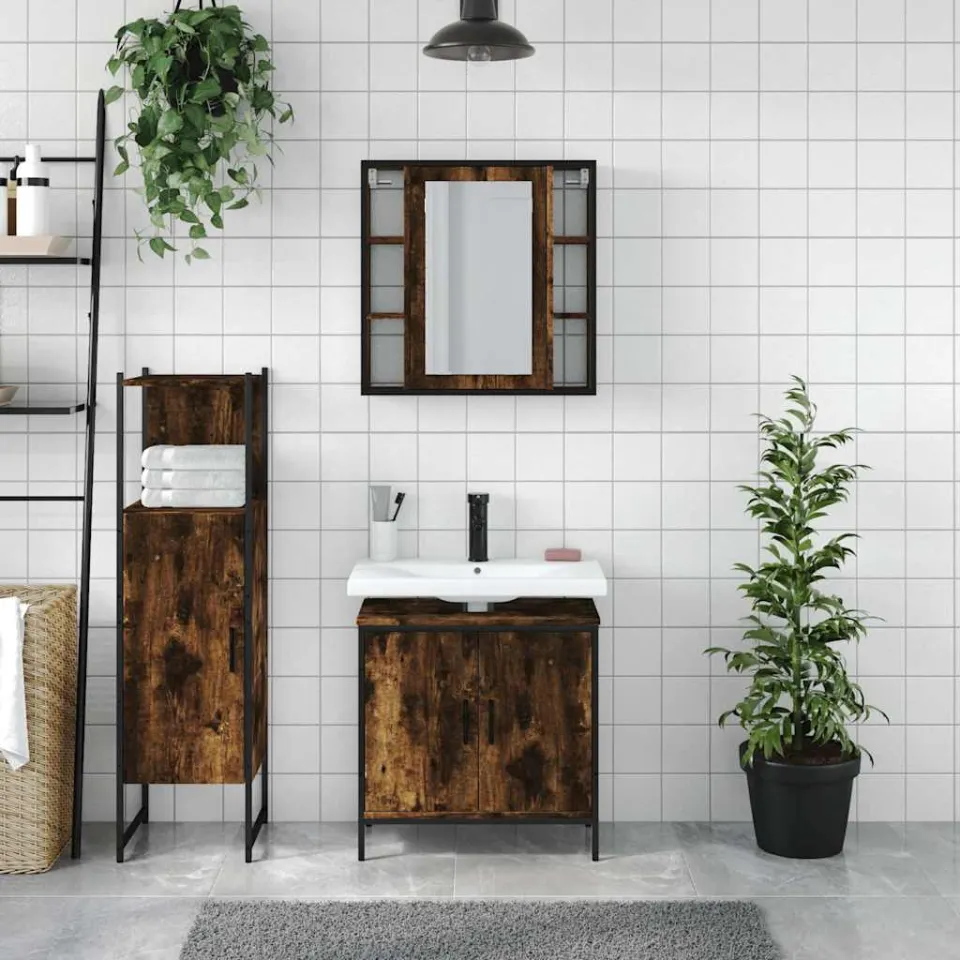vidaXL 3-delige Badkamermeubelset bewerkt hout gerookt eikenkleurig, foto 2