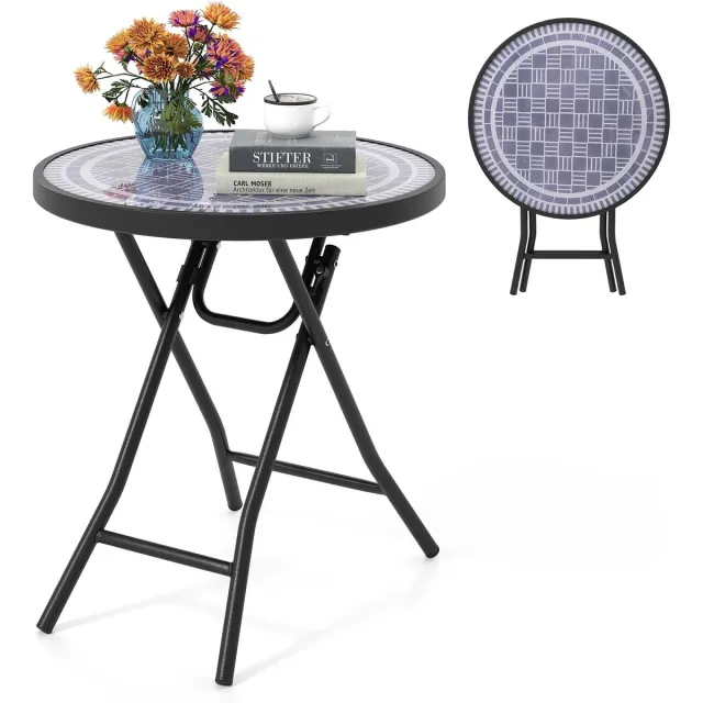 Famanu Opvouwbare bijzettafel, weerbestendig, ronde balkontafel met tafelblad van gehard glas, 46 x 46 x 48 cm, voor balkon en tuin Zwart
