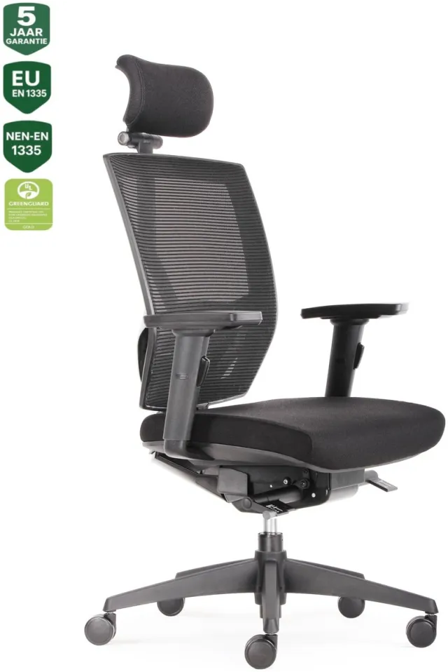 Bens 807H-Synchro-3 - Zwarte Luxe Ergonomische Bureaustoel - Volwassenen - met Hoofdsteun - Uitermate geschikt voor langere personen - Kantoorstoel - GREENGUARD GOLD - NEN-EN1335 & ARBO normen Zwart incl. Hoofdsteun