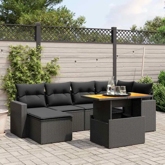 vidaXL 7-delige Loungeset met kussens poly rattan zwart, foto 2