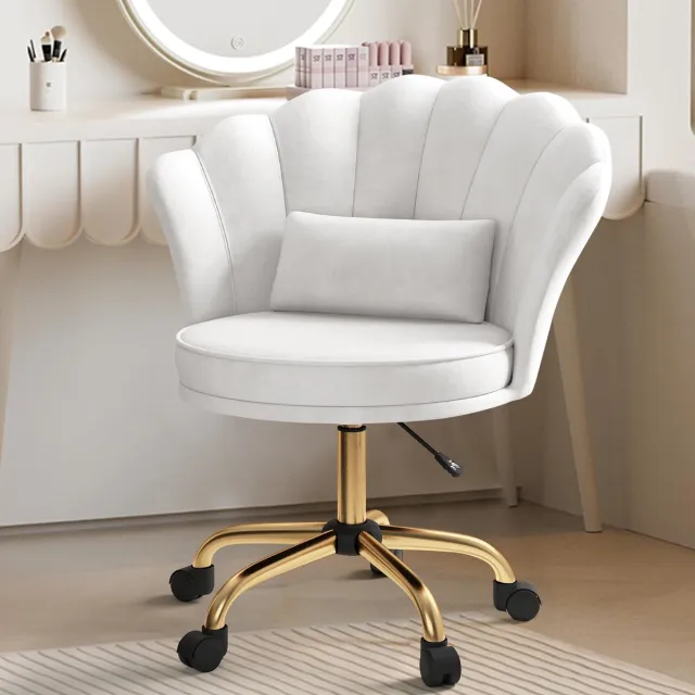 hawthyhome Fluwelen Bureaustoel met Wieltjes – Velours Make-up Stoel Verstelbaar & Draaibaar met Gouden Onderstel – Kaptafelstoel voor Slaapkamer, Thuiswerkplek en Salon,Wit