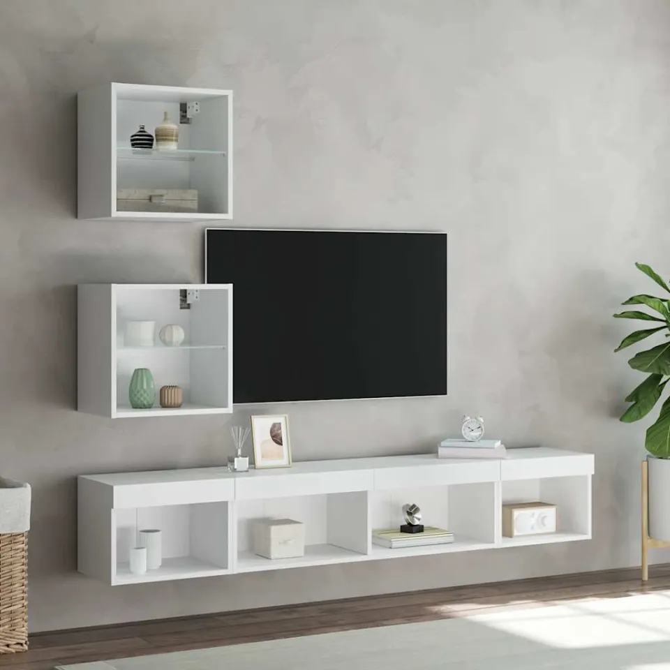 vidaXL 5-delige Tv-wandmeubelset met LED-verlichting bewerkt hout wit, foto 3