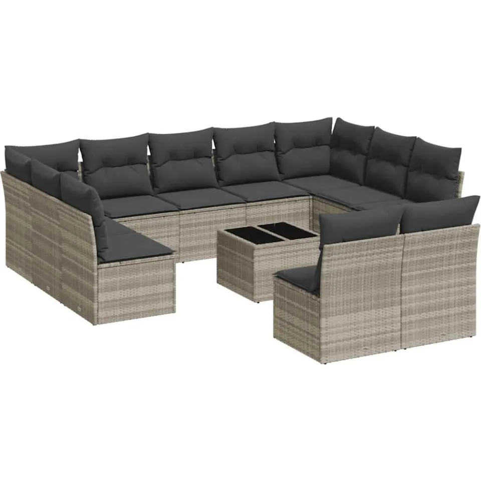 vidaXL 12-delige Loungeset met kussens poly rattan lichtgrijs
