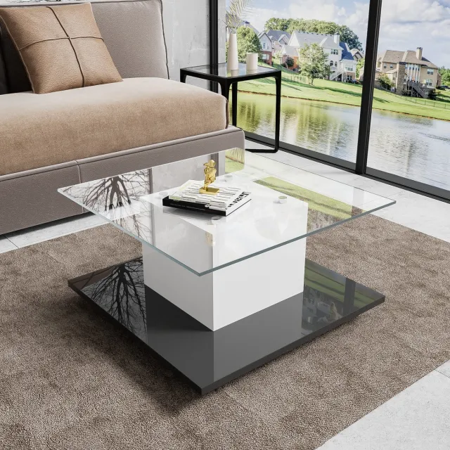 REDOM Salontafel met gehard glas, hoogglans zwart-wit, instelbare LED-kleuraccenten en zwenkwielen Wit+Zwart