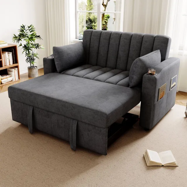 COVREO Slaapbank 136x162x84 cm grijs, stoffen bekleding met bekerhouder