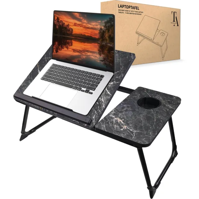 TrueLogic Alpha Bedtafel - Laptoptafel - Laptop standaard - Voor laptops t/m 17 inch - Ontbijttafel - Ontbijt op bed - Black Astralbreeze Zwart & Grijs Marble