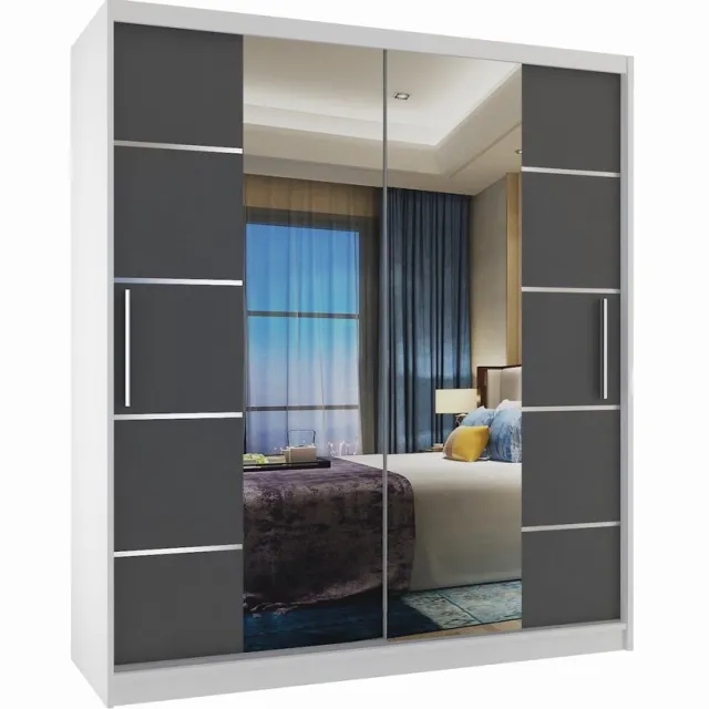 B BELINI GROUP BELINI Verona ME Schuifdeurkast 133 cm Wit/Grijs Mat - Kledingkast met Spiegel - Comfort Line Slaapkamerkast