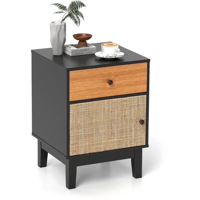 Costway Nachtkastje van rotan, nachtkastje met lade en kast, bijzettafel, banktafel, nachtkastje in boho-stijl voor slaapkamer, woonkamer, 40 x 39 x 55 cm Zwart
