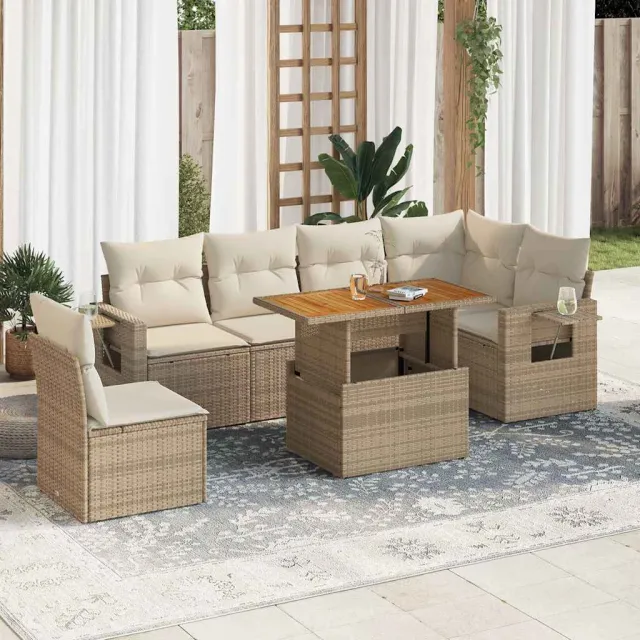 vidaXL 7-delige Loungeset met kussens poly rattan beige, foto 2
