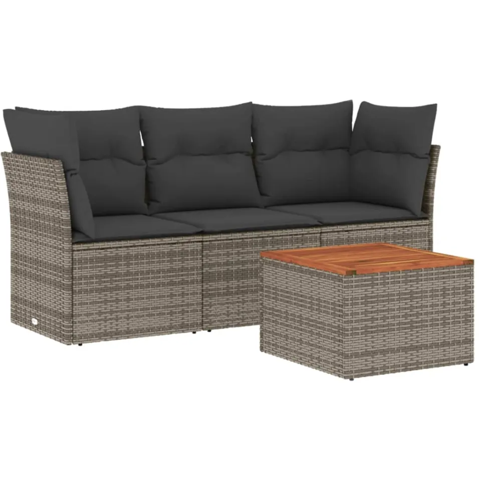 vidaXL 4-delige Loungeset met kussens poly rattan grijs, foto 3