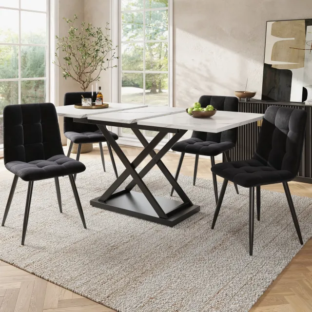 Vovtenza eetkamerset set van 5 - 120-160 x 80cm Uitschuifbare eettafel met 4 stoelen - Wit MDF - zwarte metalen poten - 46x44x86cm zwart eetkamerstoel Wit + Zwart