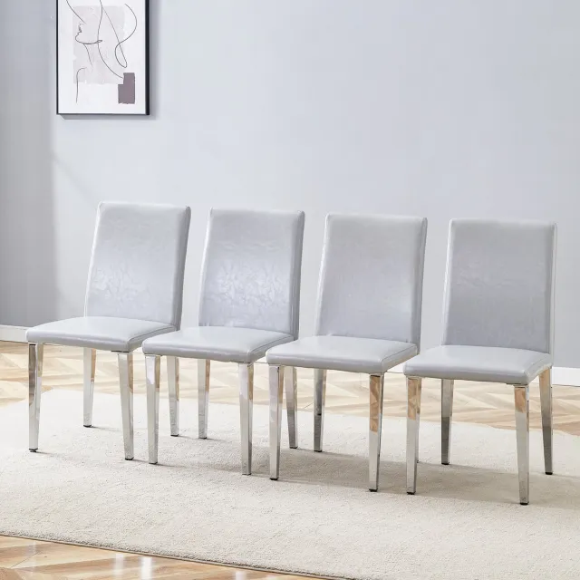 MEUNIQ Set van 4 moderne eetkamerstoelen in lichtgrijs kunstleer met zilverkleurige metalen rechte vierpoot, voor eetkamer en woonkamer Light Gray