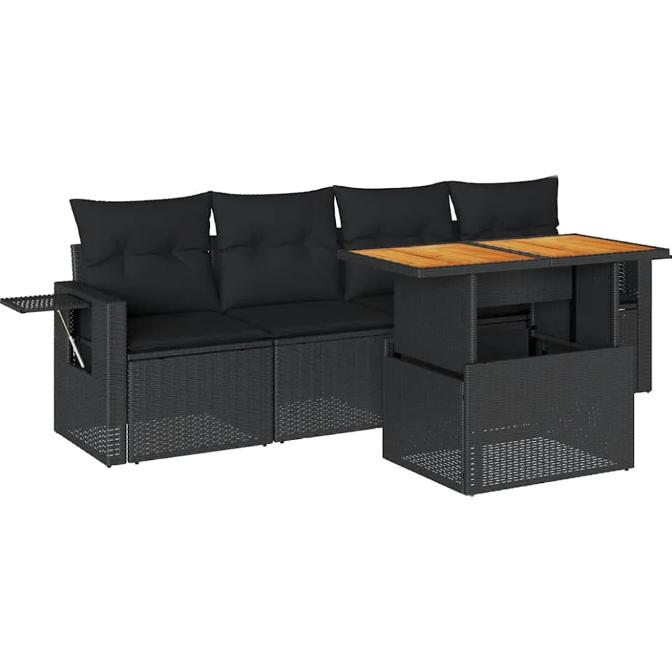 vidaXL 5-delige Loungeset met kussens poly rattan zwart, foto 3