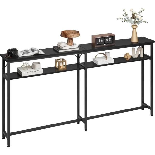 Danky Extra Lange Sidetable - 180 cm - Smalle Consoletafel voor Achter de Bank - Wandtafel met 2 Niveaus - Industrieel Design - Voor Woonkamer of Hal - Zwart