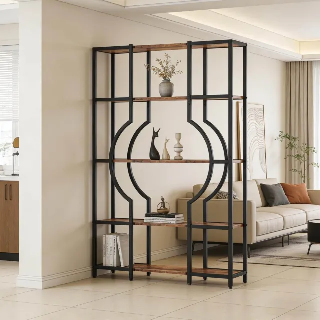 STILVORA Boekenkast Open 5-Laags Vintage Van Metaal En MDF - Zwart En Rustiek Bruin - 169 Cm Hoog - Voor Woonkamer En Werkruimte Black