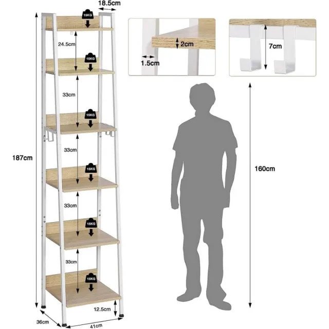 Bolt Edge Boekenkast - Wit/Oak - Industrieel - 6 lagen - 41x187x36cm
