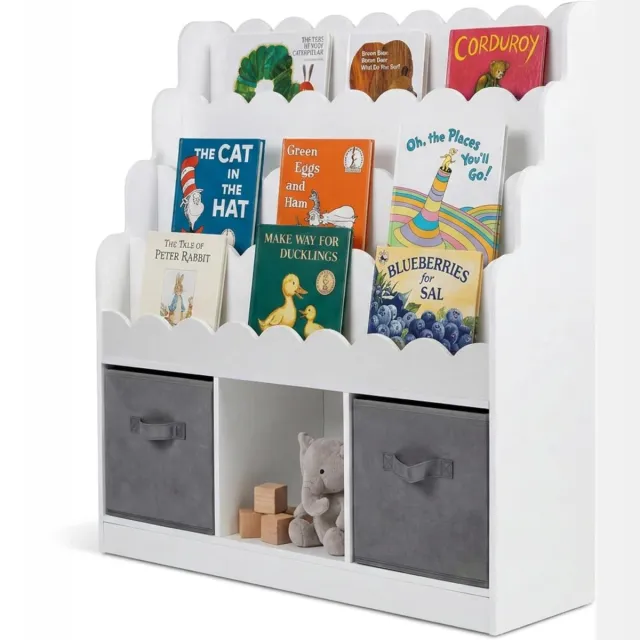 KOMFOTTEU Kinderboekenkast - Montessori kinderboekenkast - kinderboekenkast met 2 opbergdozen en 4 planken - speelgoedkast - 90 x 30 x 91,5 cm Wit