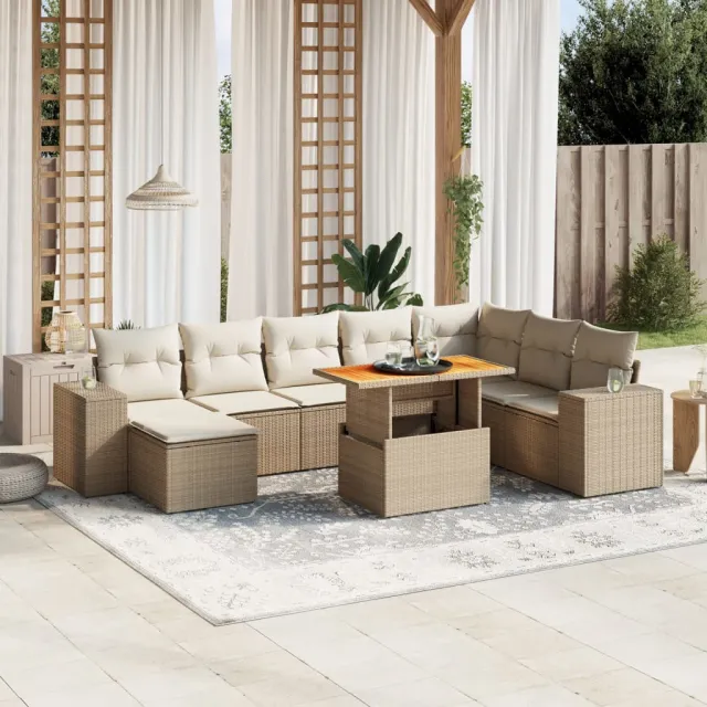 vidaXL 9-delige Loungeset met kussens poly rattan beige, foto 2