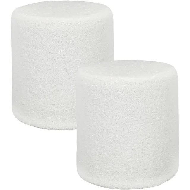 Home & Styling Home deco factory Poef bouclé - 2x - wit - rond - D35 cm - teddy stof - hocker - teddy poef