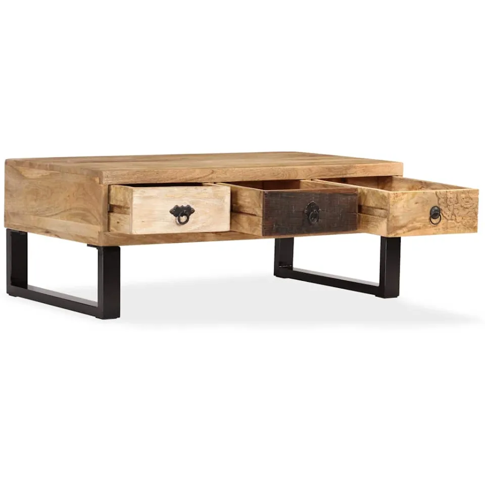 vidaXL Salontafel met 3 lades 90x50x35 cm massief mangohout bruin, foto 2