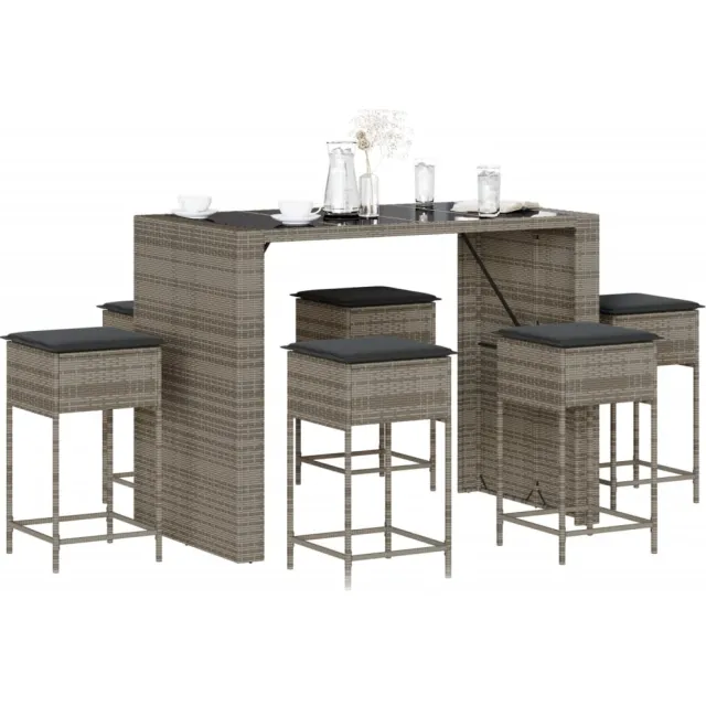 vidaXL 7-delige Tuinbarset met kussens poly rattan grijs