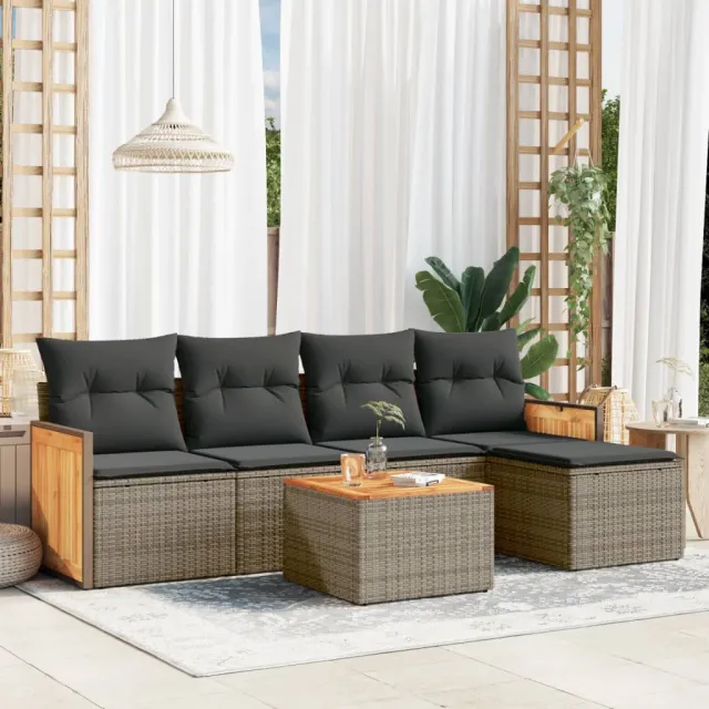 vidaXL 6-delige Loungeset met kussens poly rattan grijs, foto 2