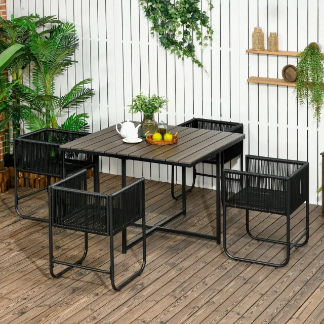 REDOM 5-Delige Tuinset - Vier Stoelen En Vierkante Eettafel - Ruimtebesparend - Rotanlook - Grijs - 110 x 110 x 75 cm