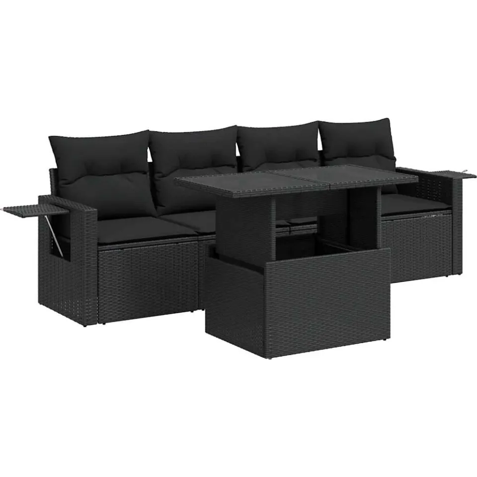 vidaXL 5-delige Loungeset met kussens poly rattan zwart, foto 3