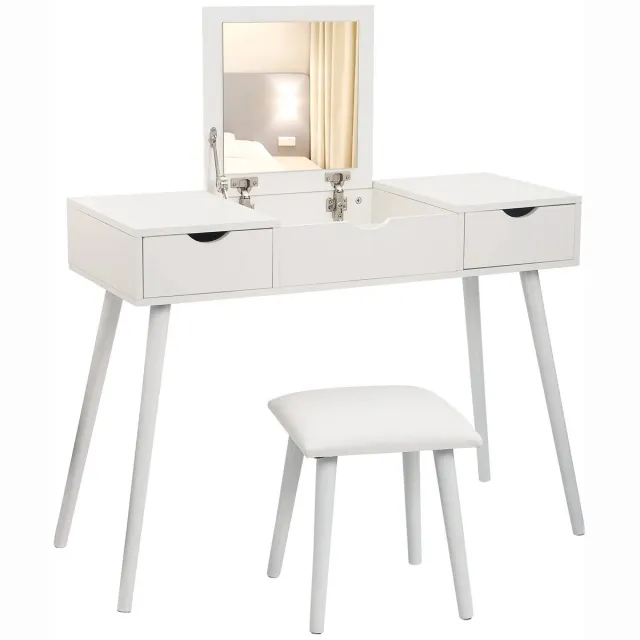 Smyl. Kaptafel - Kaptafel met Spiegel - Dressoir - Make Up Tafel - 2 Laden - Met Kruk - Wit - 100 × 40 × 75 cm