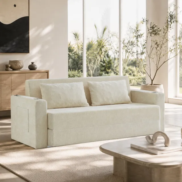 Maisentiel Beige 2-zits slaapbank van chenille met USB-aansluitingen en 2 kussens