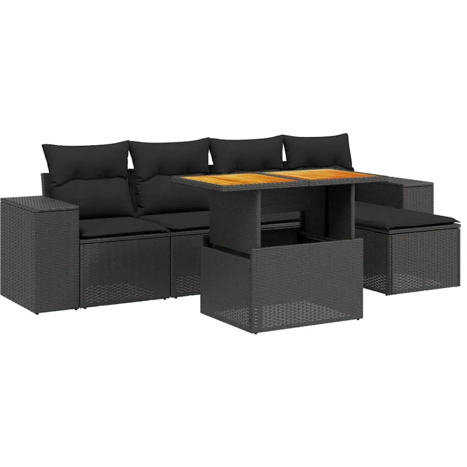 vidaXL 6-delige Loungeset met kussens poly rattan zwart, foto 3