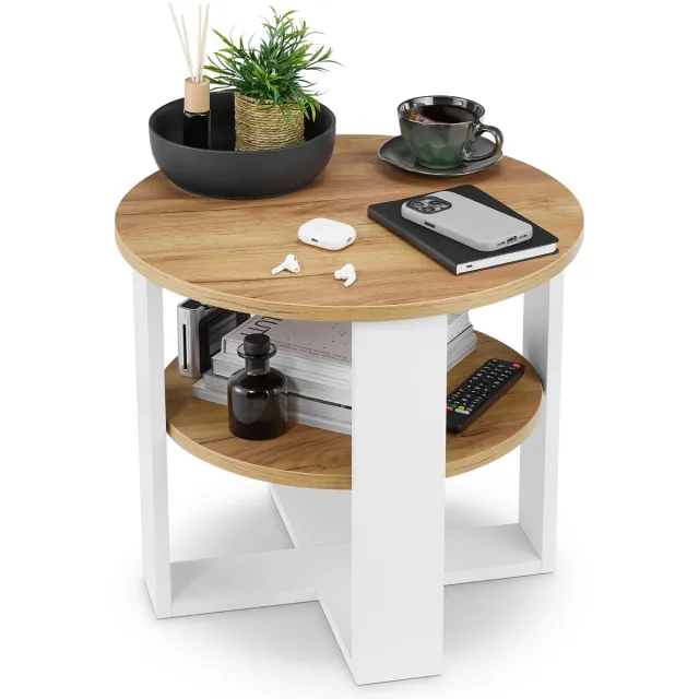defiPad Salontafel Rond Ø53 cm, Bijzettafel, Hulp tafel met Plank, Wit + Eiken Craft