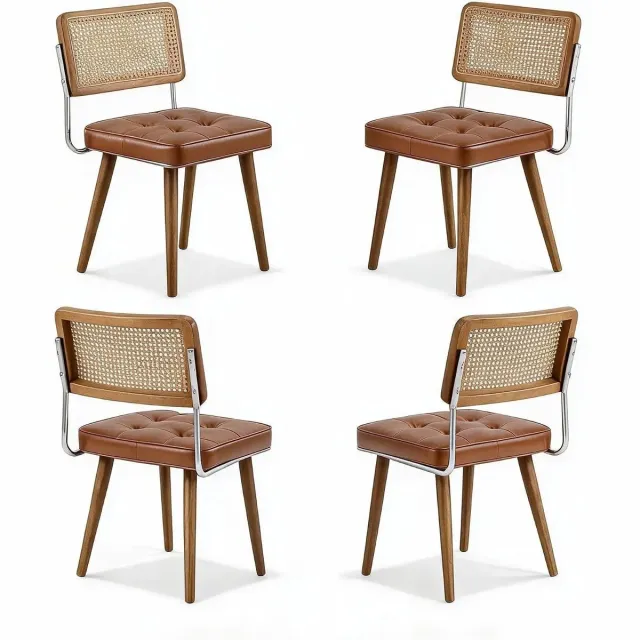 Gudalio Eetkamerstoelen - Eettafel Stoelen - Set van 4 - Boheemse stijl - Gewatteerde Zitting - Rotan - Houten poten - Bruin